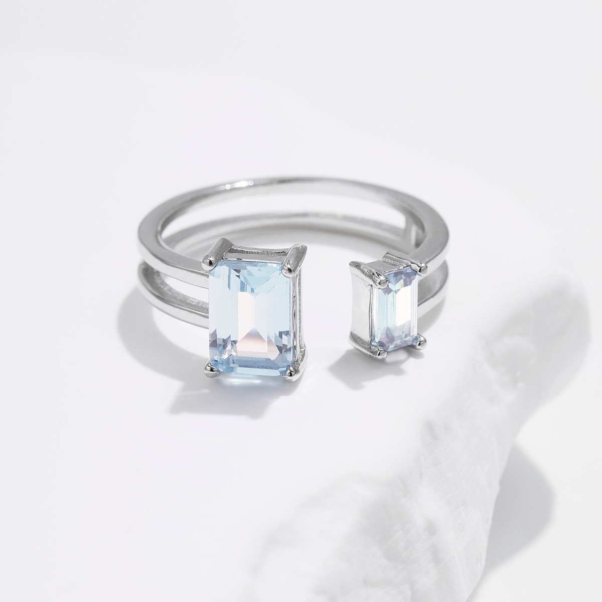 S925 Sterling Silver Double Layer Line Super Sparkling  Sea Blue Treasure Ring Women's Small Open Index Finger Ring