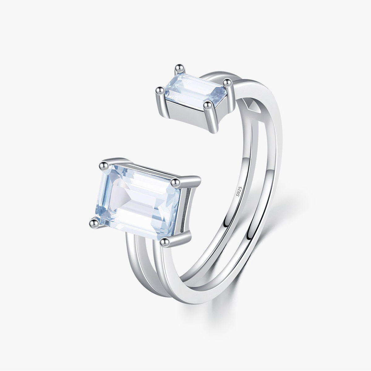 S925 Sterling Silver Double Layer Line Super Sparkling  Sea Blue Treasure Ring Women's Small Open Index Finger Ring