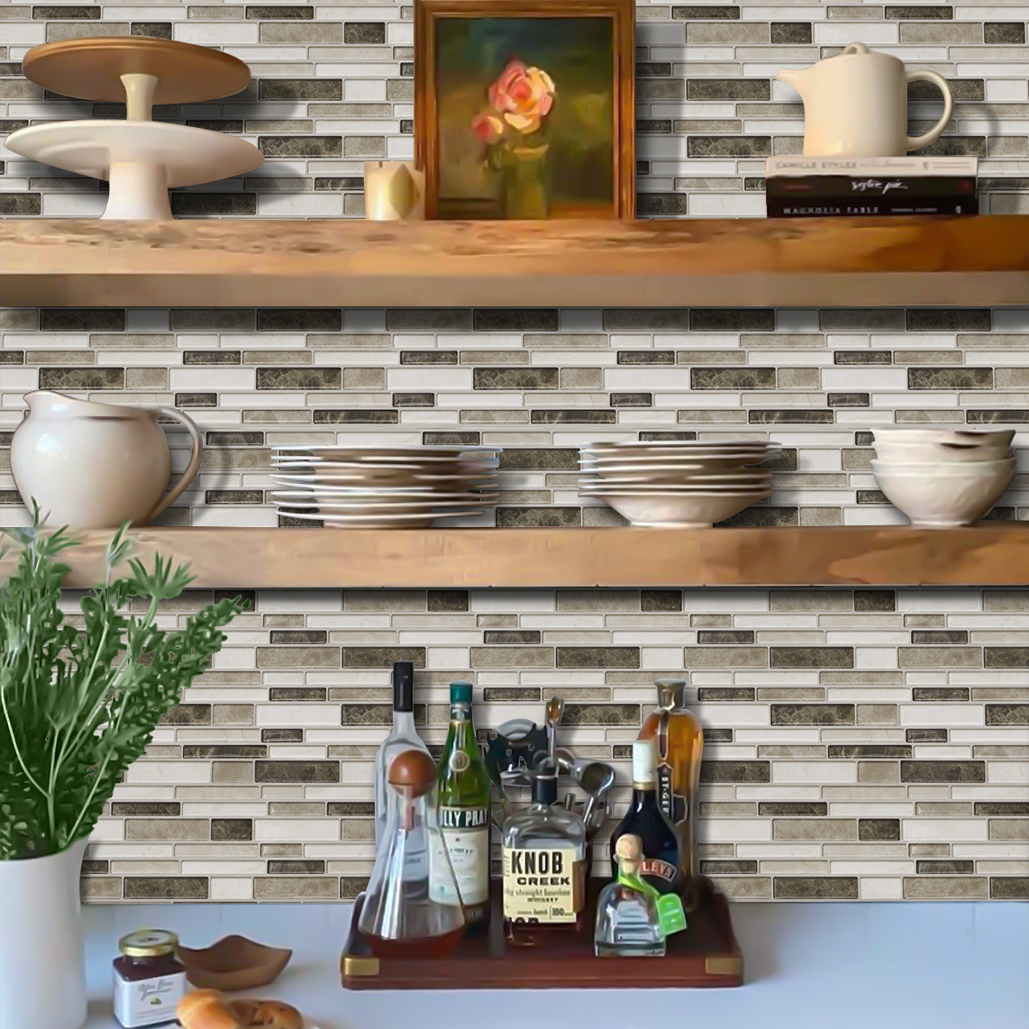 Household Decor Wallpaper Stickers Self Adhesive Wall Tiles Peel and Stick Backsplash Long Marble Strip Tiles Brown Kitchen