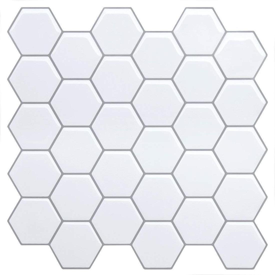 Hexagon White Vinyl Sticker Self Adhesive Wallpaper 3D Peel and Stick Square Wall Tiles for Kitchen and Bathroom Backsplash