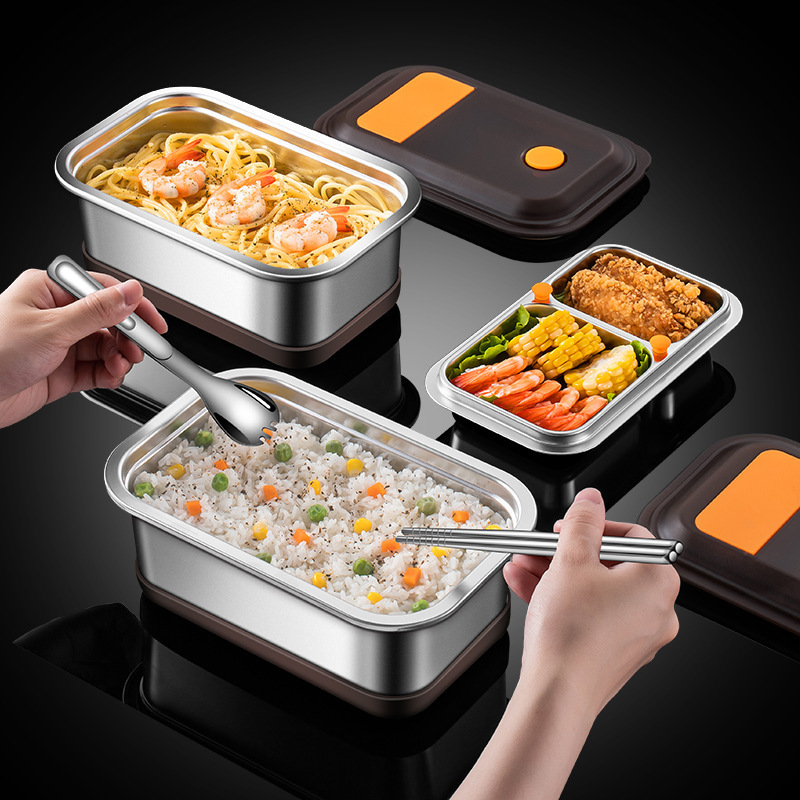 New 304 Stainless Steel PP Plastic Double-Layer Lunch Box Leak-Proof Bento Box with 2 Compartments Food Storage Container