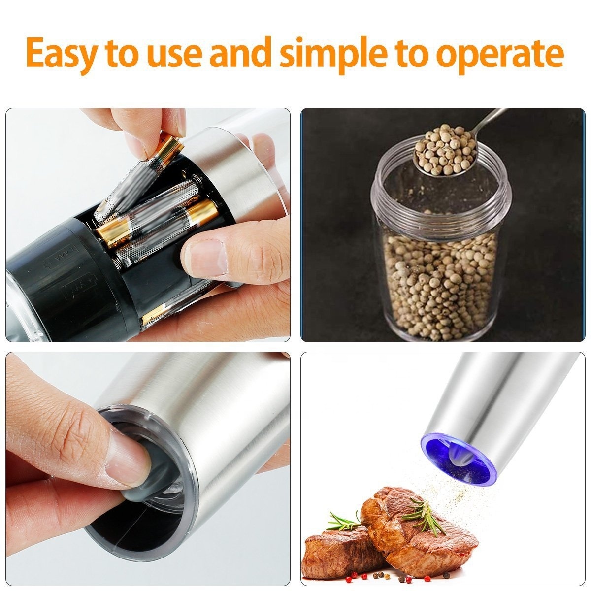 New Silver Stainless Steel Electric Mill Pepper Salt Herb Spices Battery-Powered LED Light Automatic Operation Gravity Rack Set