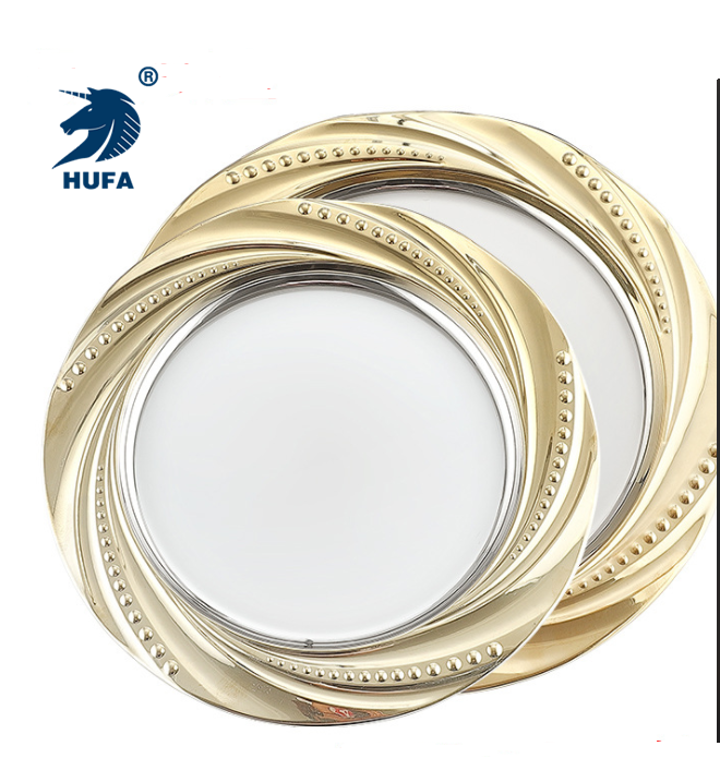 High quality silver stainless steel chrager plates for wedding party pearl plate with golden edge wedding charger plate