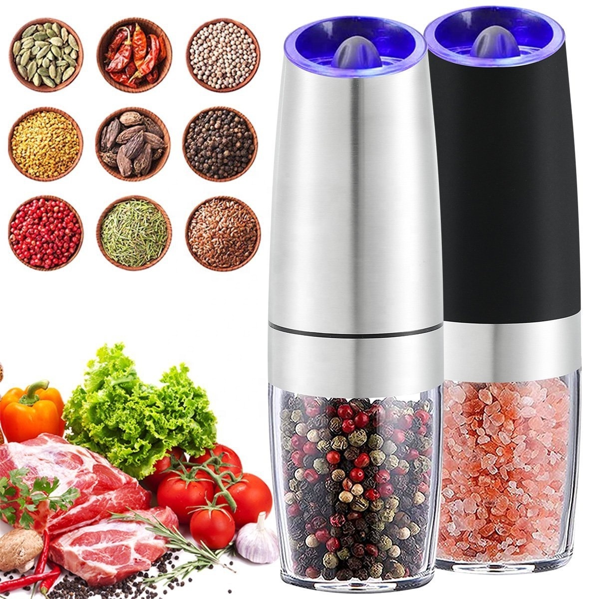 New Silver Stainless Steel Electric Mill Pepper Salt Herb Spices Battery-Powered LED Light Automatic Operation Gravity Rack Set