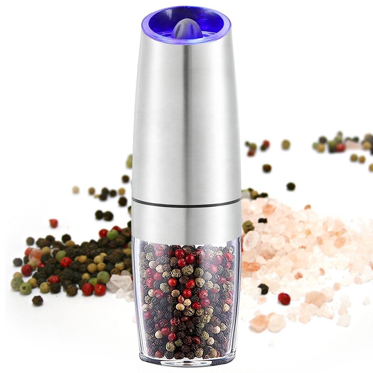 New Silver Stainless Steel Electric Mill Pepper Salt Herb Spices Battery-Powered LED Light Automatic Operation Gravity Rack Set