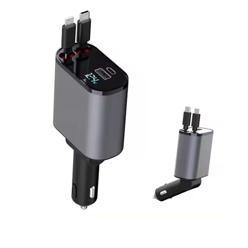 Newest 4-in -1 Multi- charging Ports Car Fast Charger with Retractable Charging Cables and PD charge Mobile Phone Car Charger