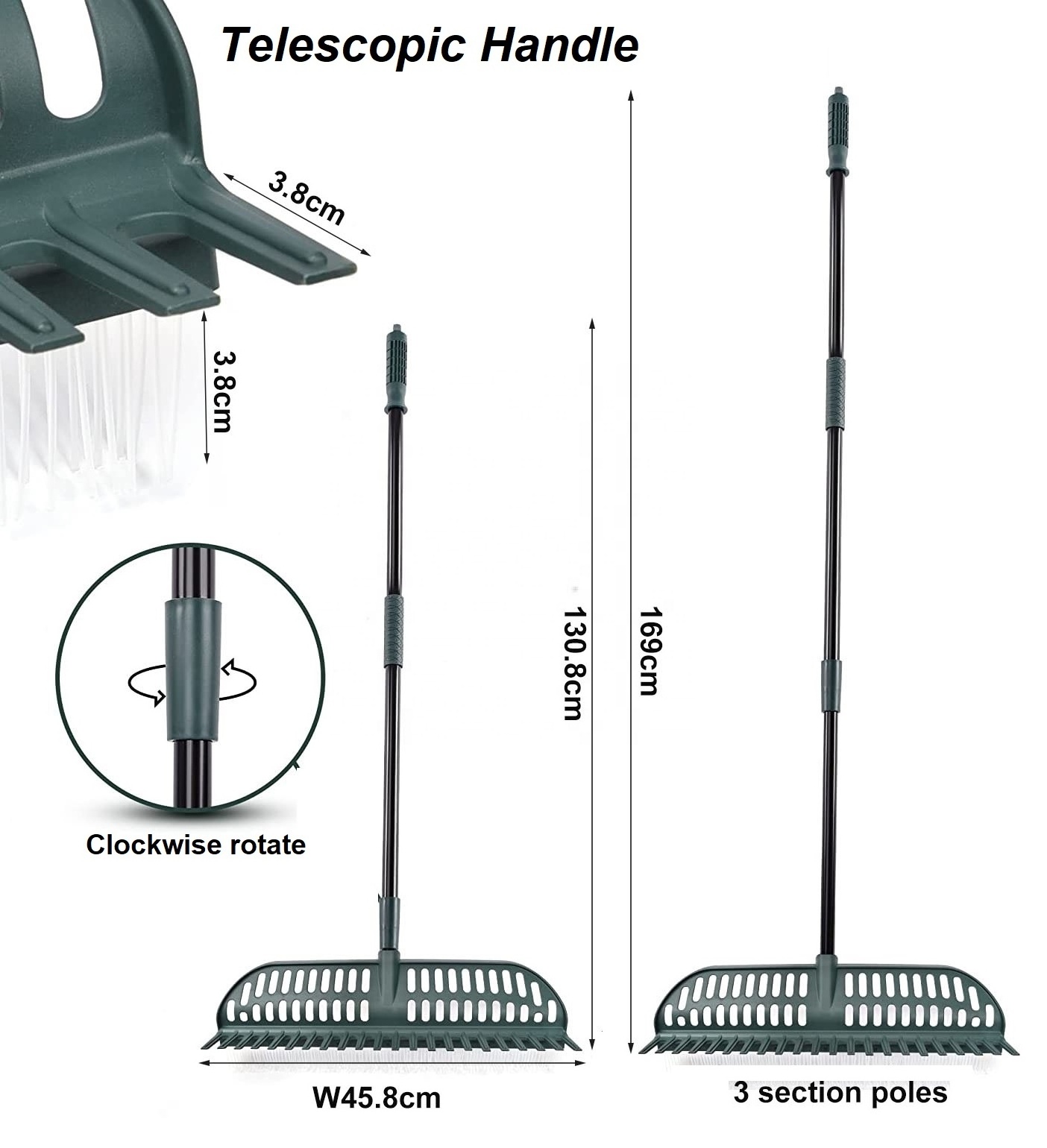 2 in 1 Adjustable Telescopic Steel Handle Artificial Grass Turf Lawn Rake Brush Carpets Grass Broom