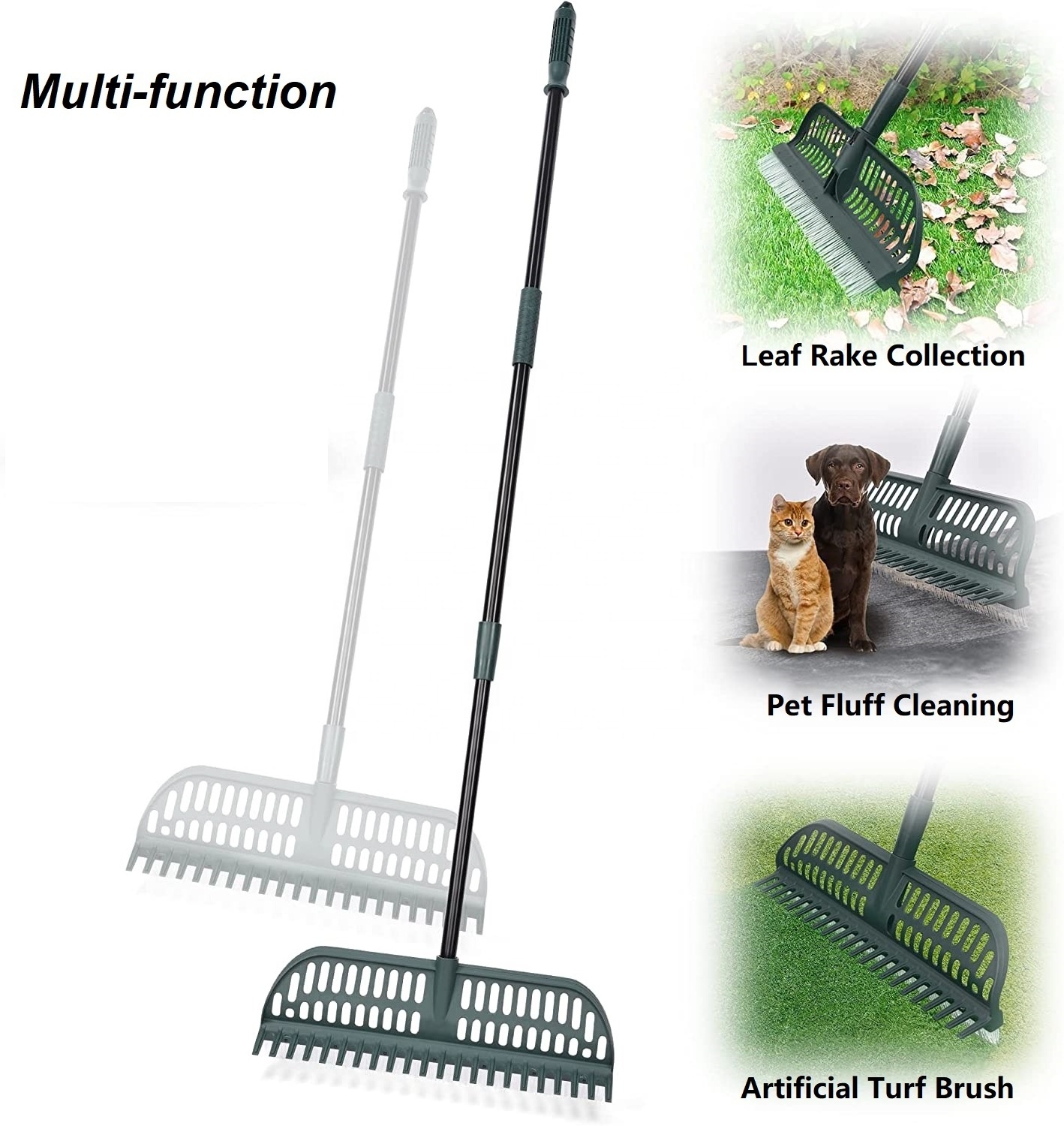 2 in 1 Adjustable Telescopic Steel Handle Artificial Grass Turf Lawn Rake Brush Carpets Grass Broom