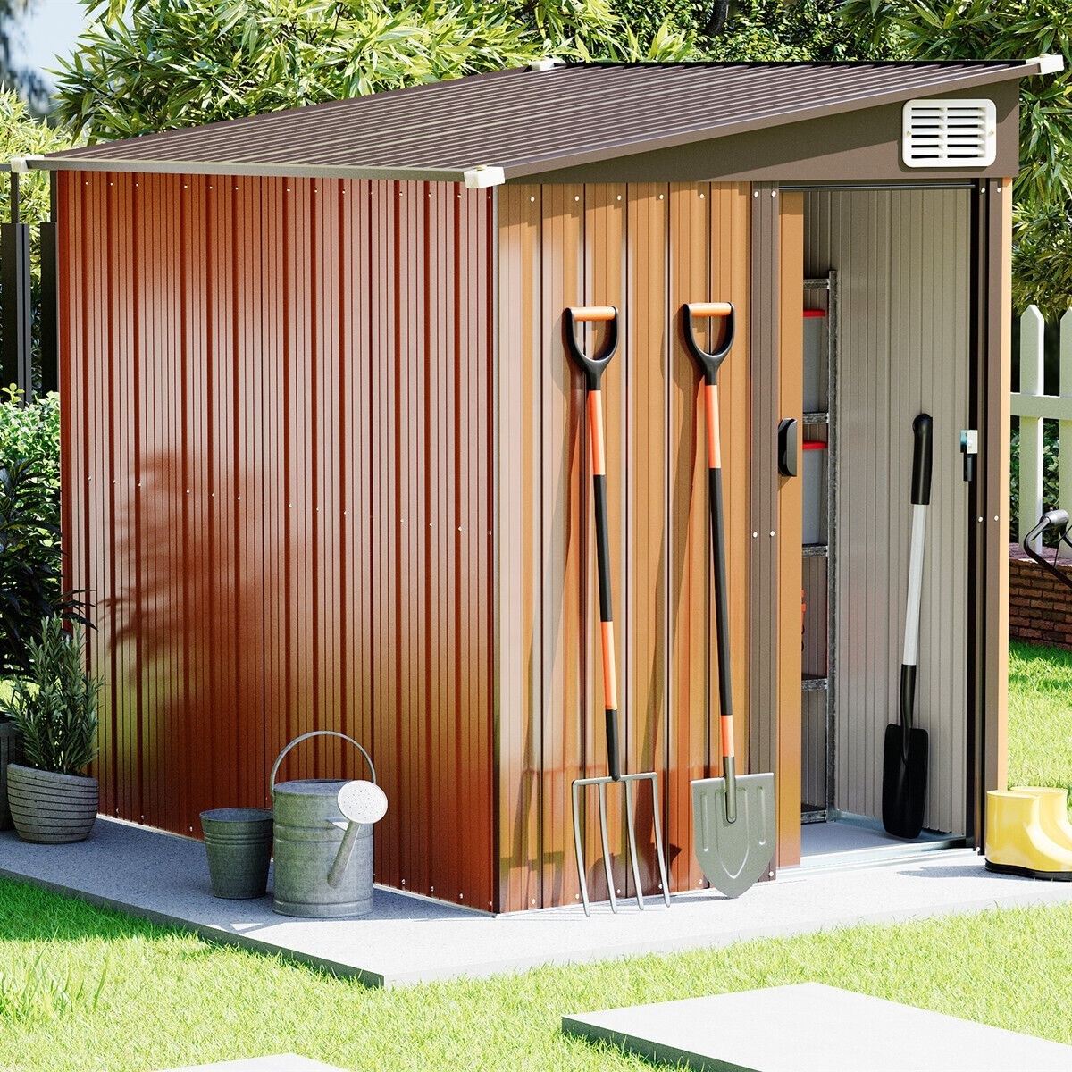 7'x5' Garden Outdoor Pent Flat Roof Vertical Metal Tool Storage Shed with Lockable Door