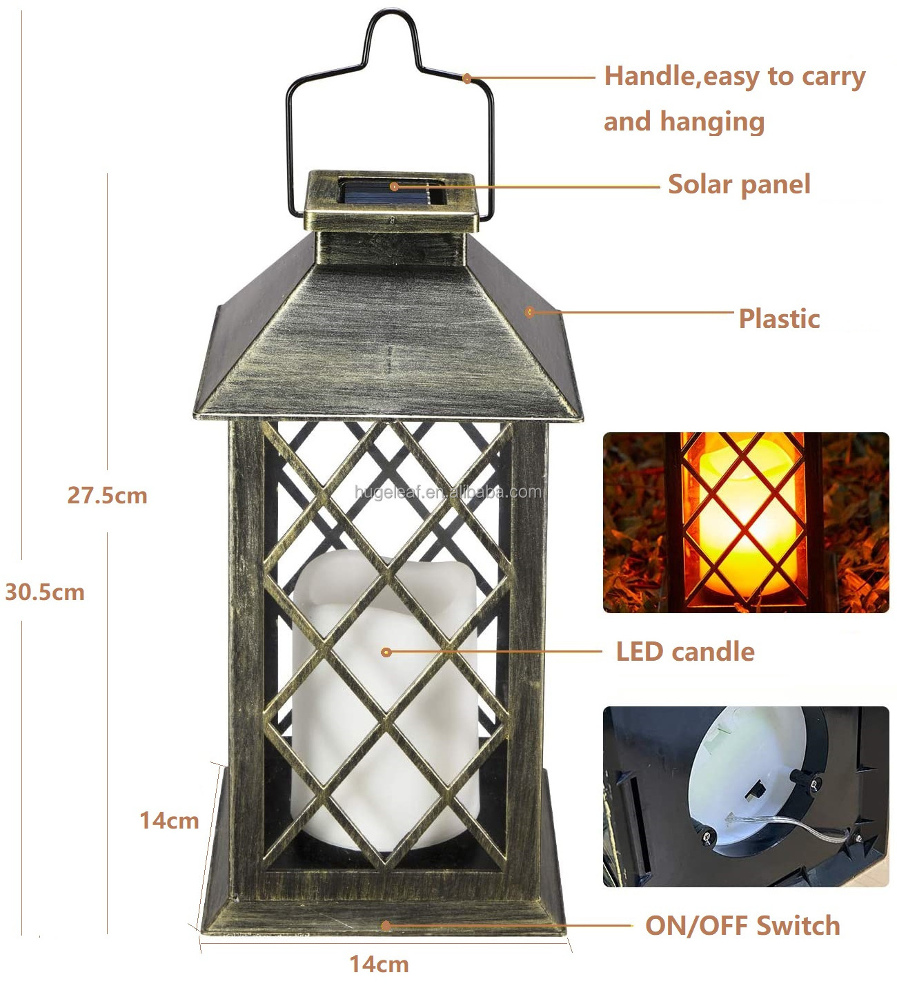 Solar Candle Lantern Large Flickering LED Flame Outdoor Hanging Storm Lantern