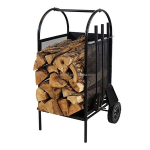 Fireplace Log Holder Brackets Indoor Firewood Rack Cart with Wheels and Tool Sets