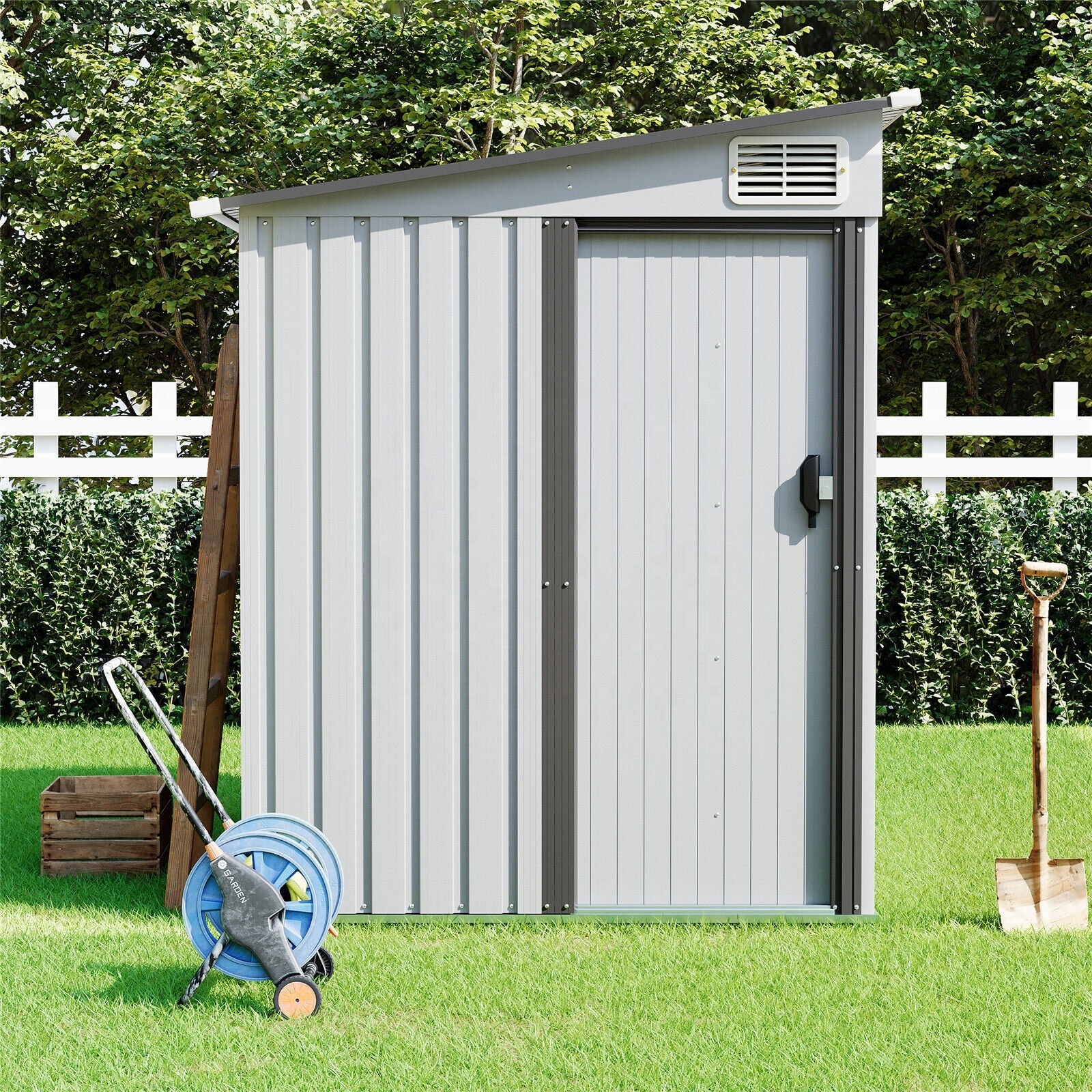 7'x5' Garden Outdoor Pent Flat Roof Vertical Metal Tool Storage Shed with Lockable Door