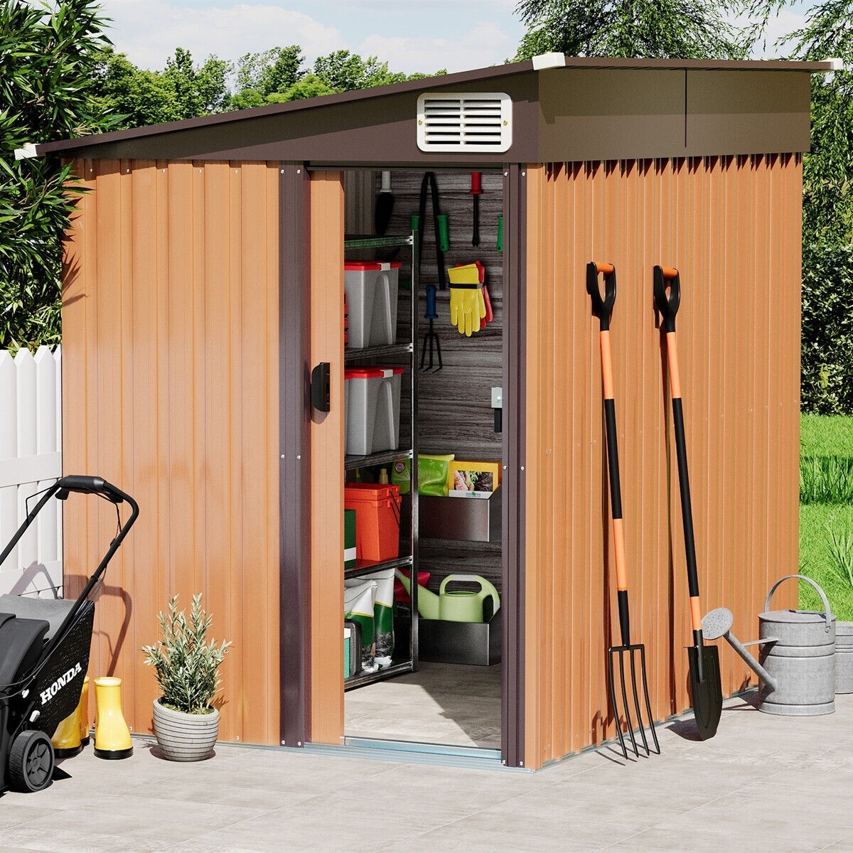 7'x5' Garden Outdoor Pent Flat Roof Vertical Metal Tool Storage Shed with Lockable Door