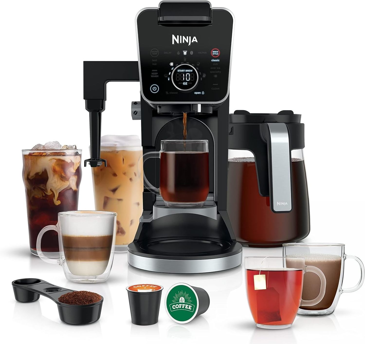 12-Cup Coffee Maker with Glass Carafe, Single-Serve, Grounds, compatible with K-Cup pods, Hot Water System, Black