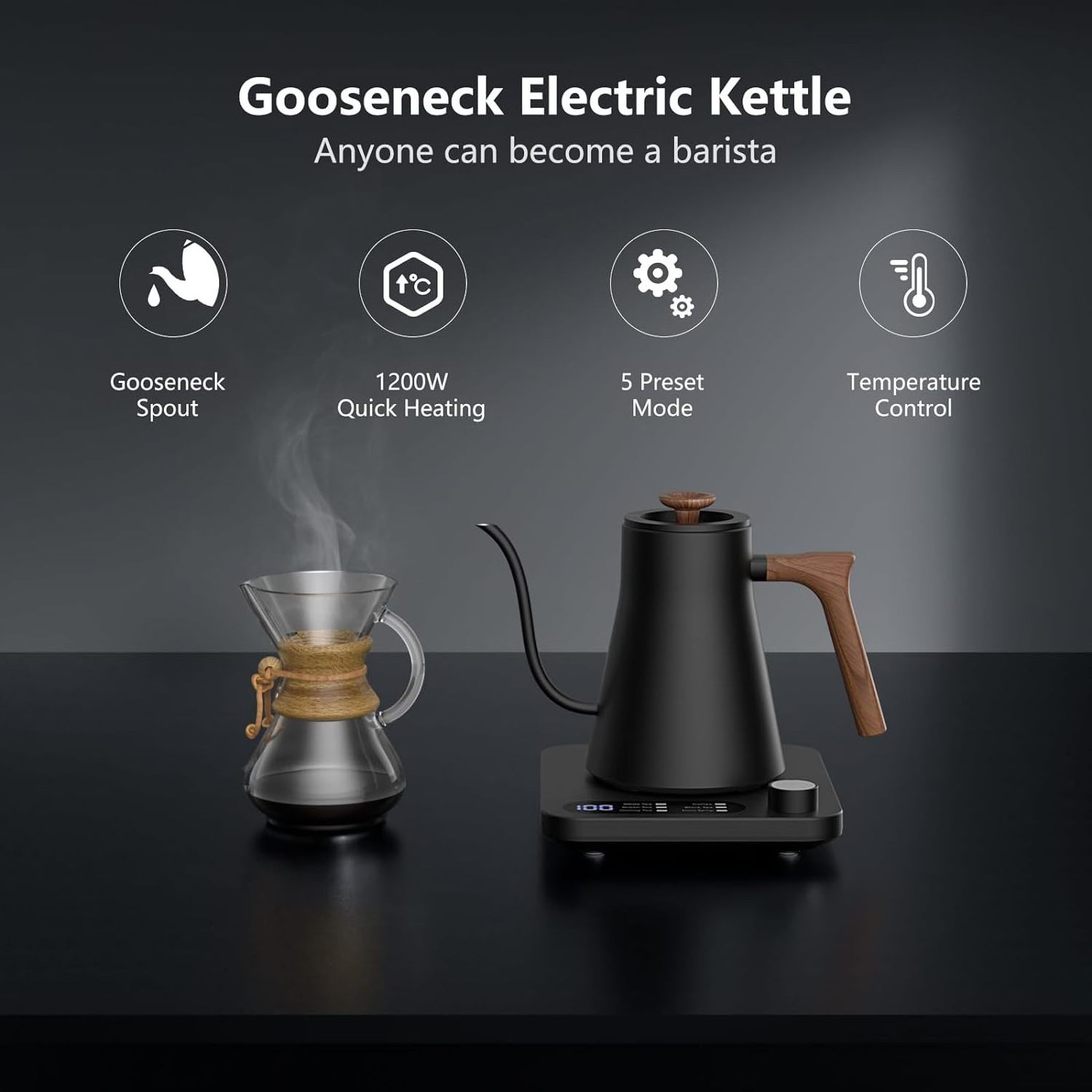 Electric Kettles, Sawlece Gooseneck of Temperature Control, Stainless Steel Inner, Tea Kettle, Boil Hot Water, Black