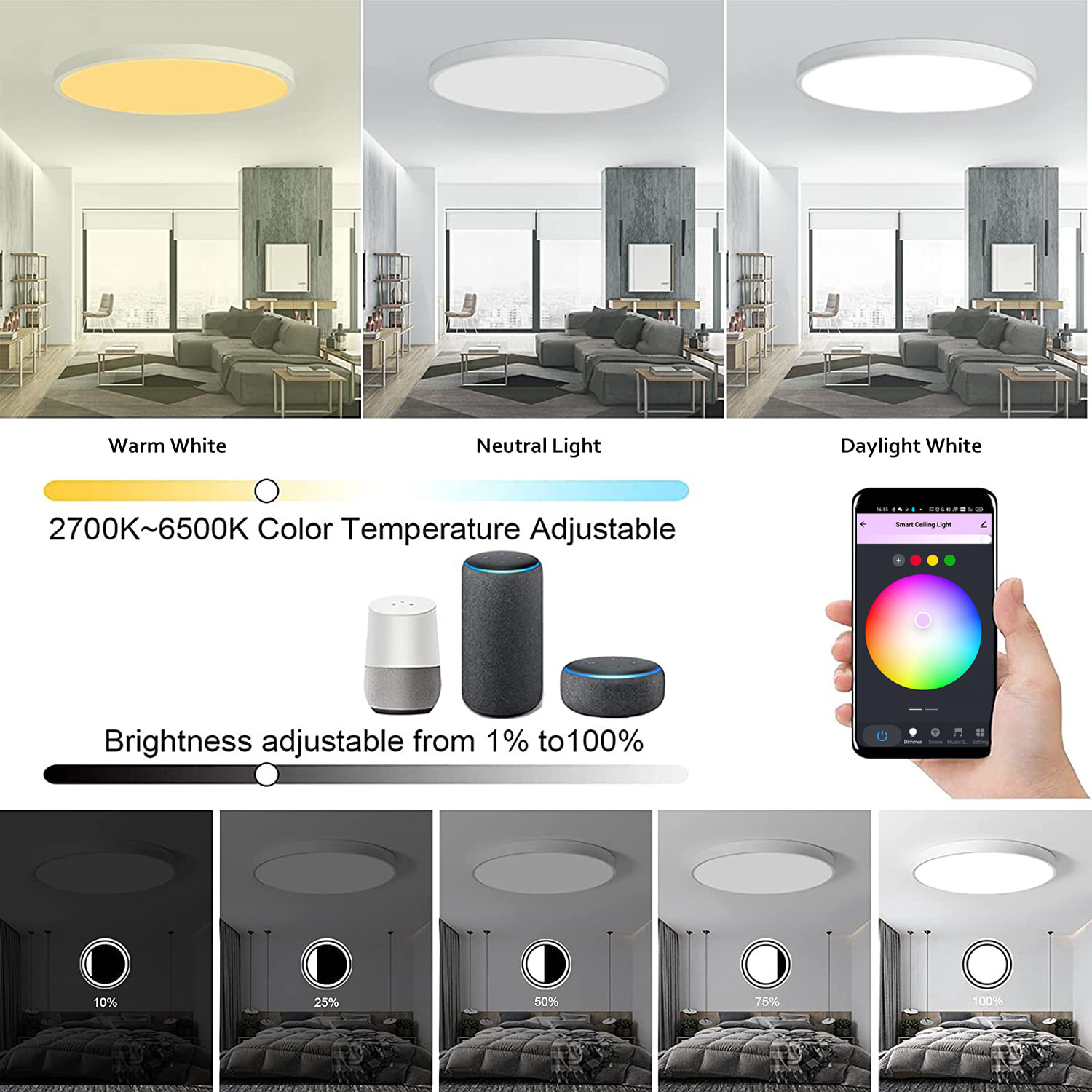 24w 320mm RGB Wifi Smart LED Flush Mount Ceiling Light Compatible with Alexa  Home Tu ya APP