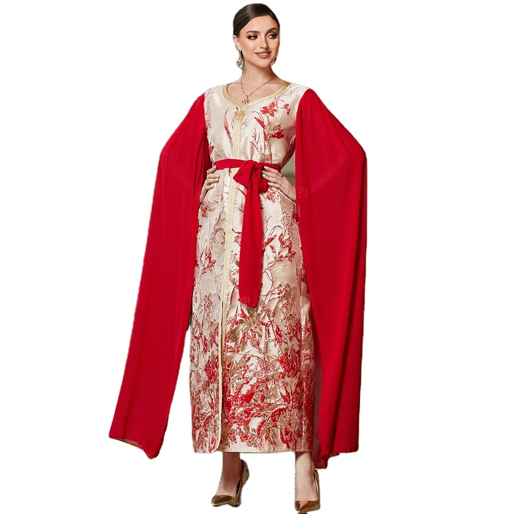 New design Red Mermaid Arabic Evening Dress With shawl Sleeveless Luxury Muslim Wedding Formal Party Gown