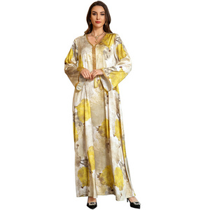 A381Factory silk muslim women dress romo floral dresses arabic muslim women dress turkish