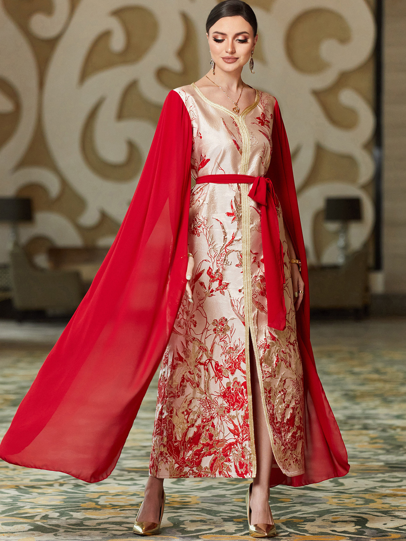 New design Red Mermaid Arabic Evening Dress With shawl Sleeveless Luxury Muslim Wedding Formal Party Gown