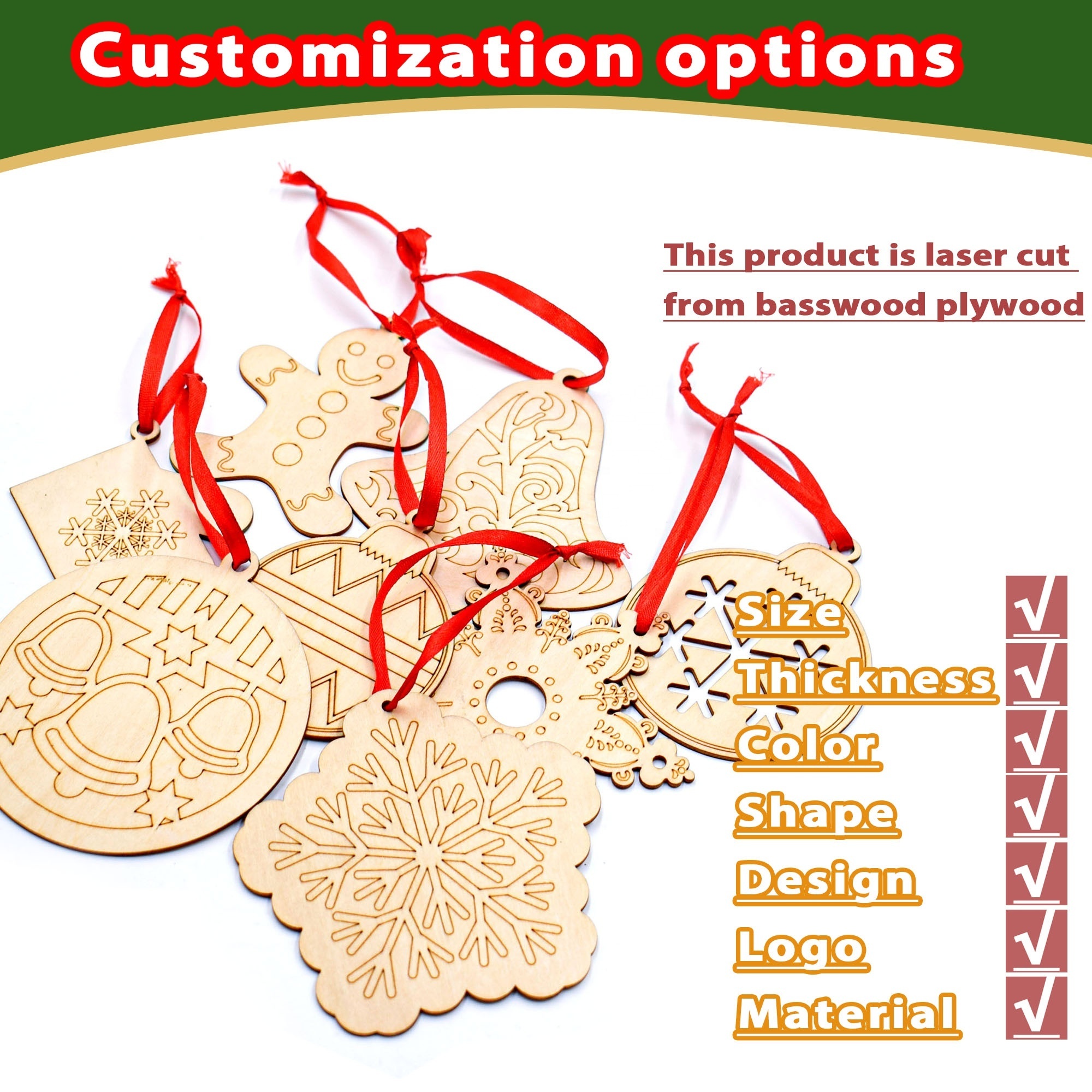 Factory wholesale wooden christmas pendant Christmas Snowflake, Reindeer, Stocking ornaments wooden Christmas ornament