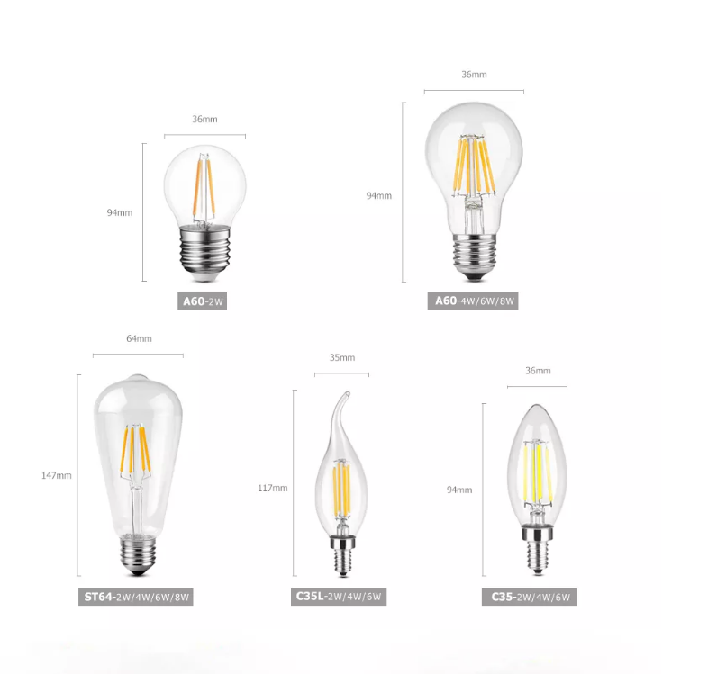 C7/C9 /G40/G45/S14/A19/A60/G80/G95/G125 C35/CA35/G50  LED filament bulb dimmable Warm White global Light bulbs Replace bulbs