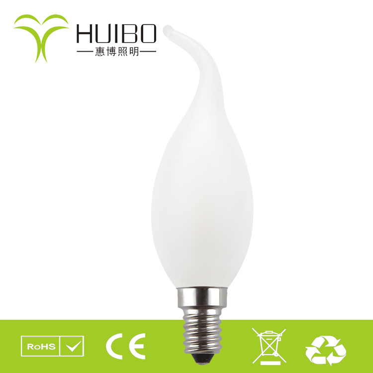 E26/E27 base warm white 2 watt dimmable CA35 candle tail LED filament bulb with clear shell