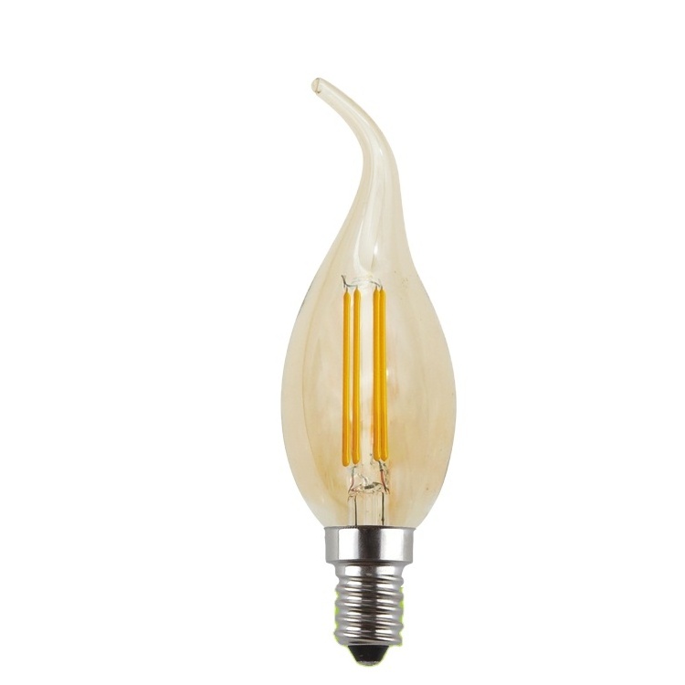 E26/E27 base warm white 2 watt dimmable CA35 candle tail LED filament bulb with clear shell