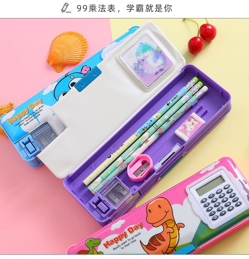 cartoon pencil cases double layered multifunctional magnetic stationary School Office Storage Pouch Pencil Case With Calculator