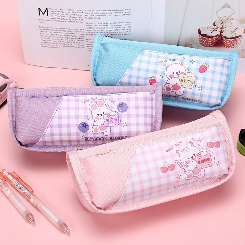 large capacity stationary pouch soft manufacturer school girl canvas bear rabbit cartoon stationery box bus pencil case