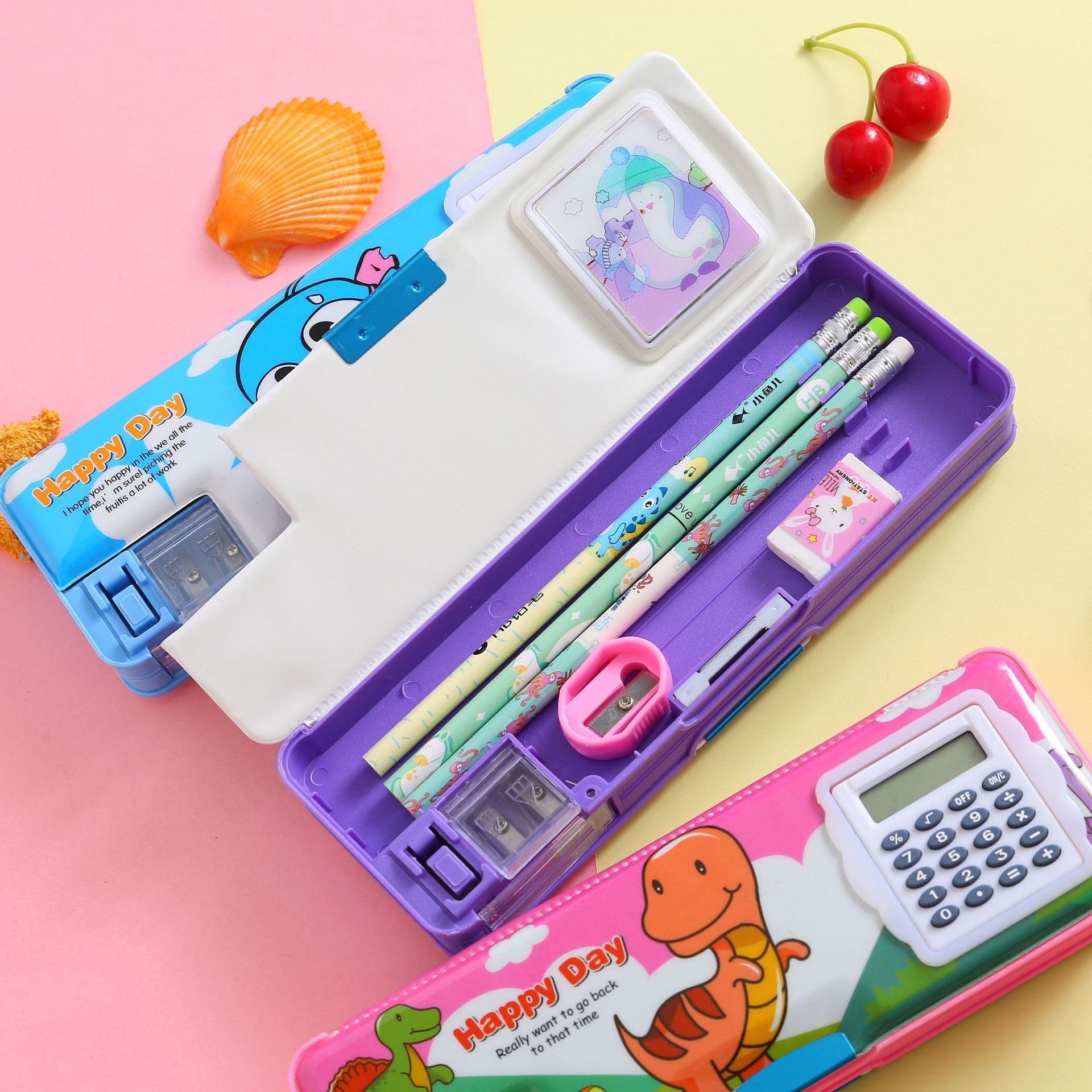 cartoon pencil cases double layered multifunctional magnetic stationary School Office Storage Pouch Pencil Case With Calculator