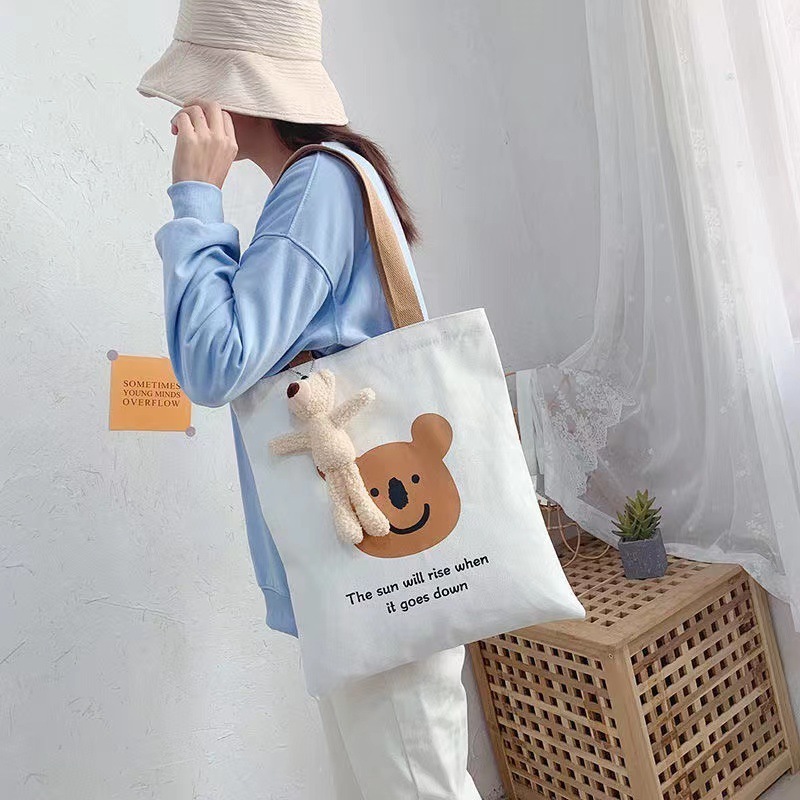 new design wholesale large shopping shoulder bags cotton student girl women's custom bear canvas tote bag