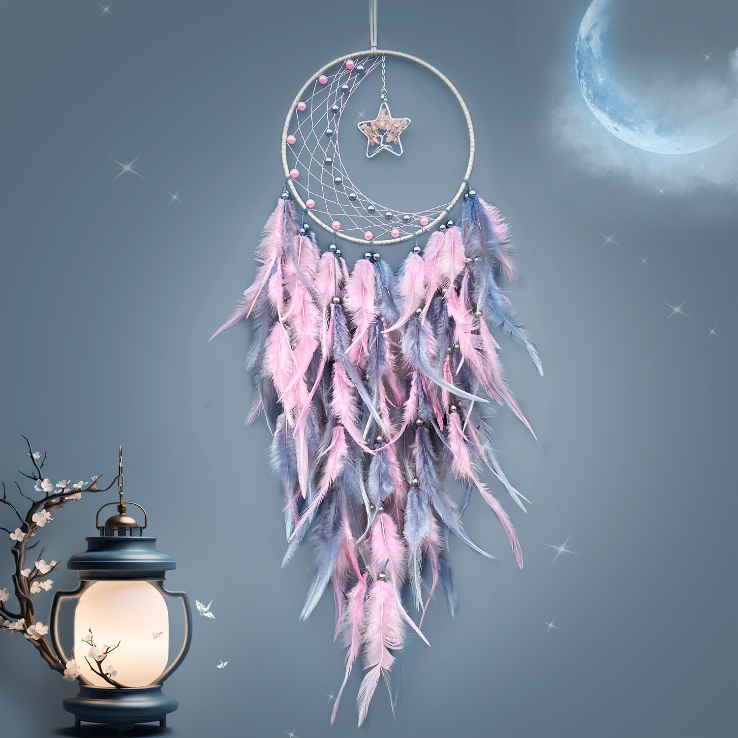 Luxury handmade moon and star dream catcher wall feather wind chime decorations wholesale