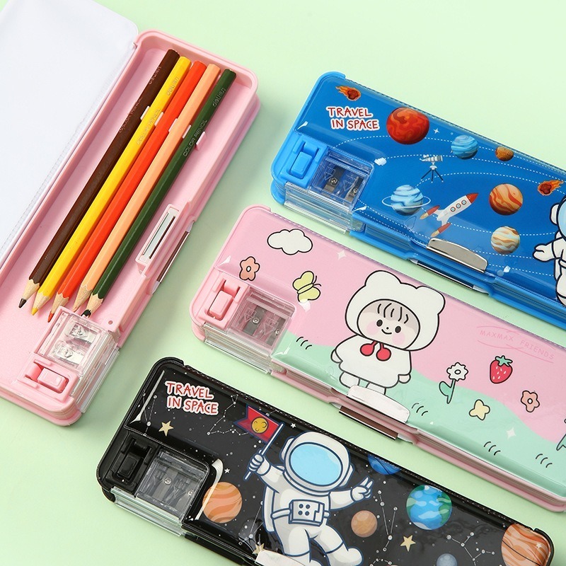 cute beautiful cartoon double layered multifunctional magnetic stationary children plastic girl boy school pencil box for kids