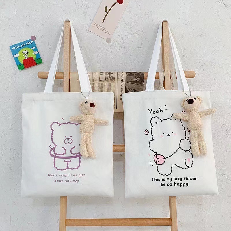 new design wholesale large shopping shoulder bags cotton student girl women's custom bear canvas tote bag