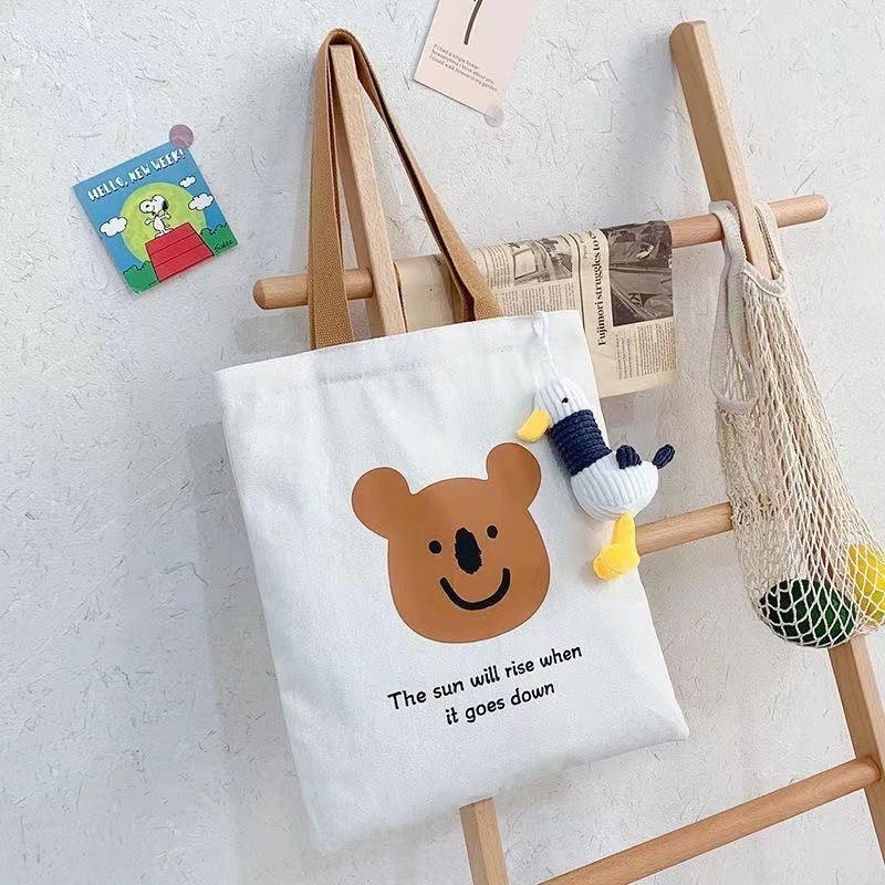 new design wholesale large shopping shoulder bags cotton student girl women's custom bear canvas tote bag