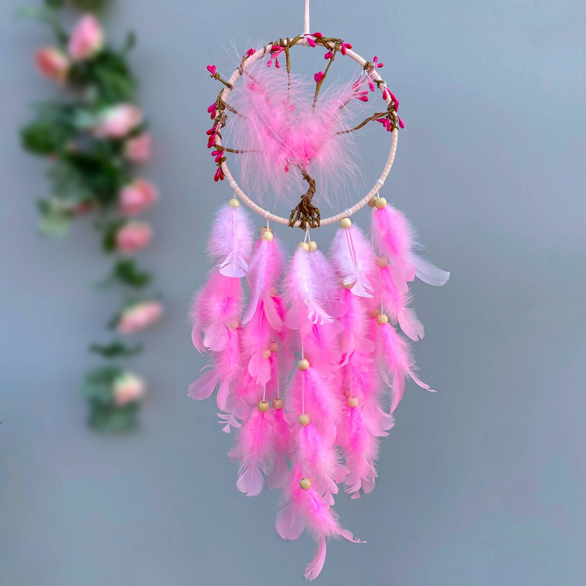 2024 New Pink Peach Blossom Dream Catcher Network Creative Gift for Living Room Wall Decoration Dream Catcher