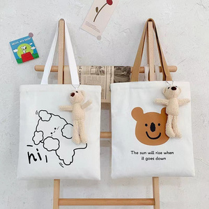 new design wholesale large shopping shoulder bags cotton student girl women's custom bear canvas tote bag