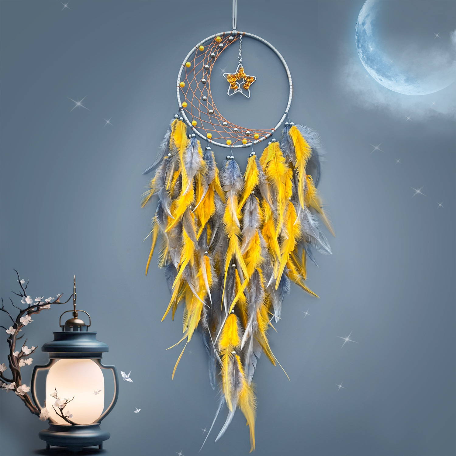 Luxury handmade moon and star dream catcher wall feather wind chime decorations wholesale