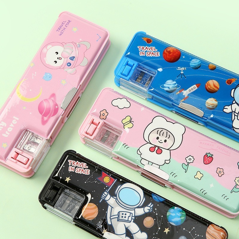 cute beautiful cartoon double layered multifunctional magnetic stationary children plastic girl boy school pencil box for kids