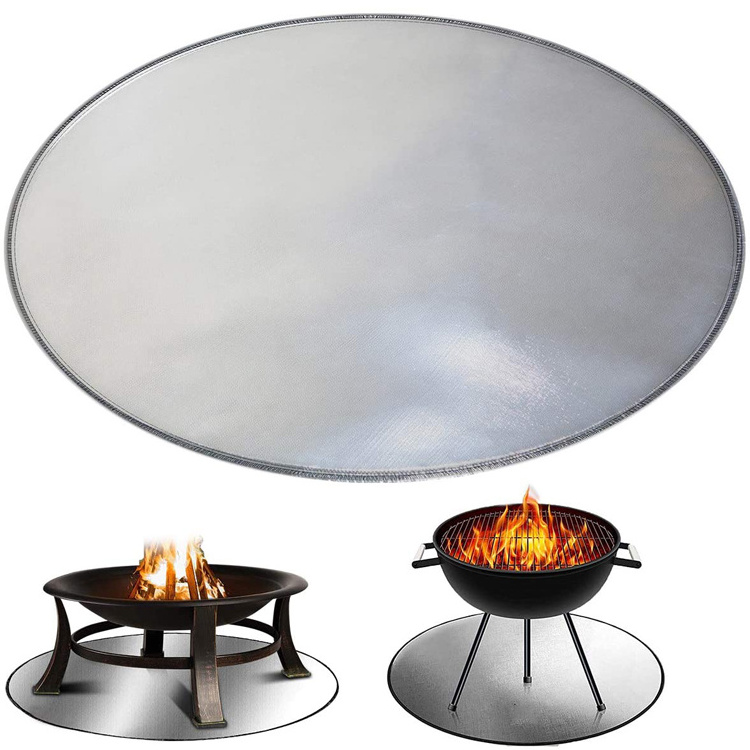 Round Silver Outdoor Foldable BBQ Camping Use Fireproof Fire Pit Ember Mat Fire Pit Mat for Deck Grill Mat