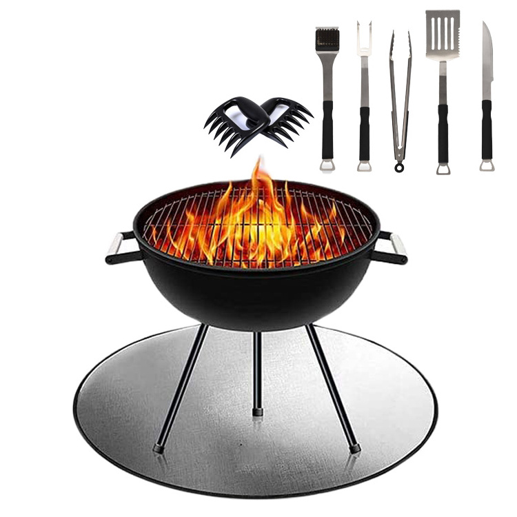 Round Silver Outdoor Foldable BBQ Camping Use Fireproof Fire Pit Ember Mat Fire Pit Mat for Deck Grill Mat