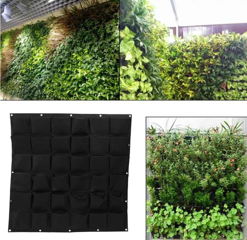 36-Pocket Black Green Felt Vertical Wall Planter 1m x 1m Outdoor Herb Vegetable Hanging Garden Grow Bags for Vertical Gardening