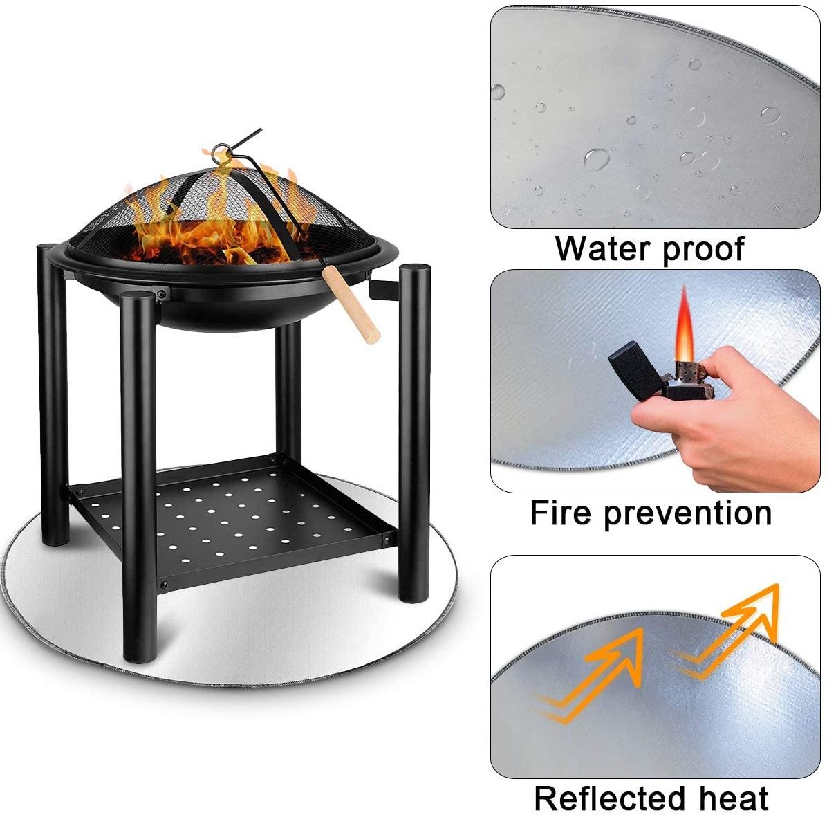 Round Silver Outdoor Foldable BBQ Camping Use Fireproof Fire Pit Ember Mat Fire Pit Mat for Deck Grill Mat