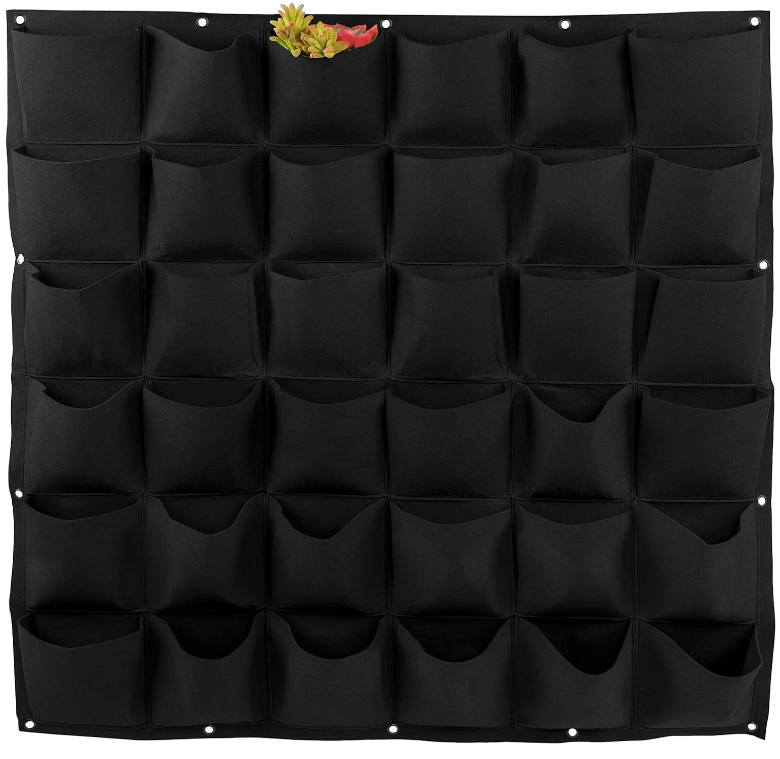 36-Pocket Black Green Felt Vertical Wall Planter 1m x 1m Outdoor Herb Vegetable Hanging Garden Grow Bags for Vertical Gardening