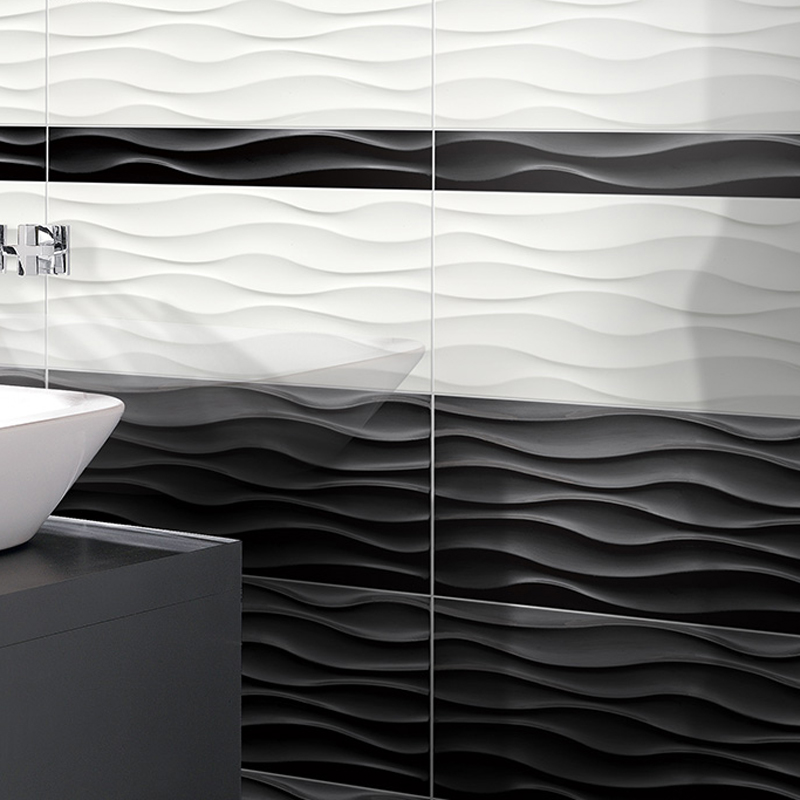 300x600 decorative 3D wave pure white and black ceramic bathroom wall tile