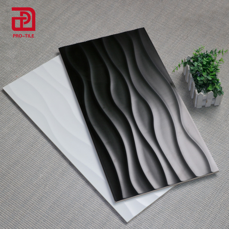 300x600 decorative 3D wave pure white and black ceramic bathroom wall tile