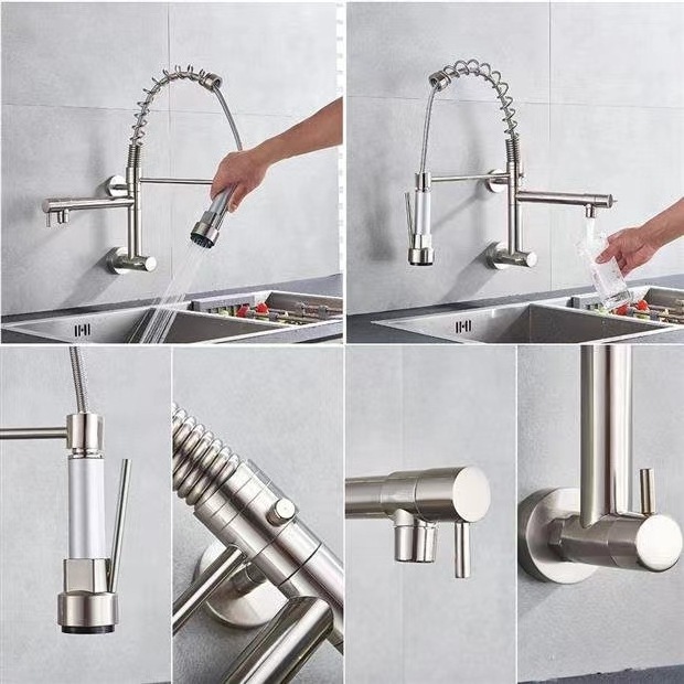 Wall Mount Spring Kitchen Faucet Pull Down Sprayer Dual Spout Cold Water Kitchen Tap Dual Swing Spout 360 Rotation In Wall Tap