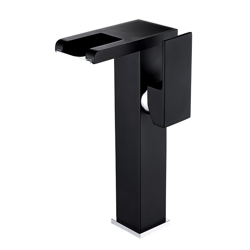 LED Square Waterfall  cold and hot water faucet waterfall basin bathroom cabinet Nordic bathroom full copper body black faucet