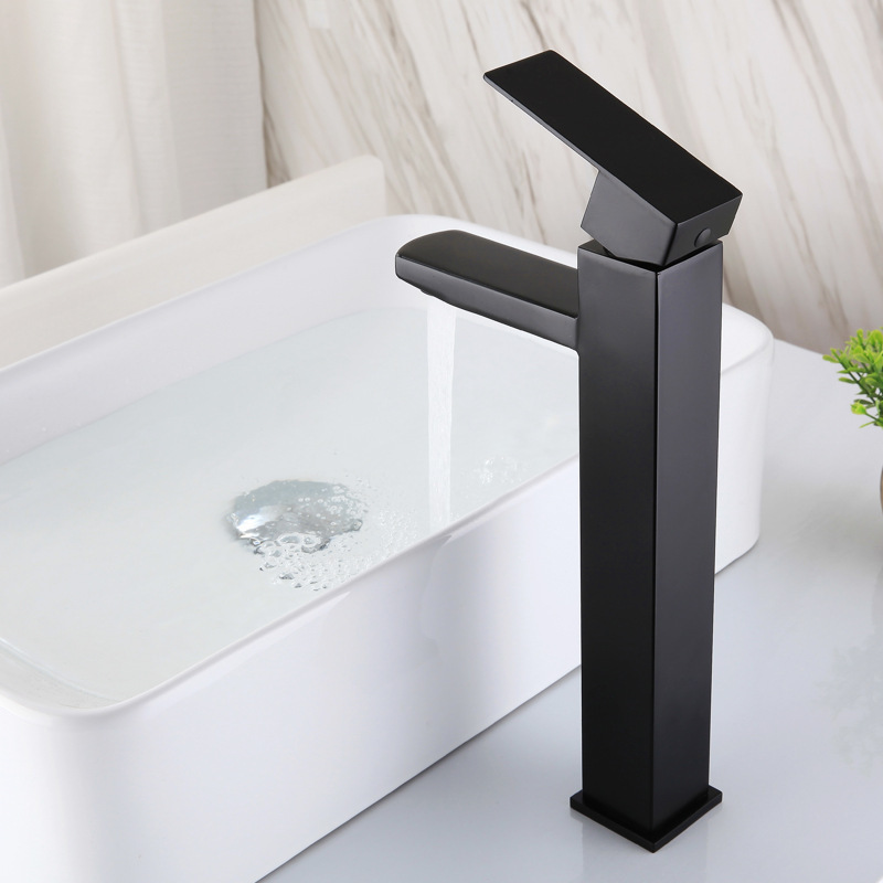 Black Square Deck Mounted Basin Sink Faucet Hot & Cold Mixer Bathroom Tap Single Handle