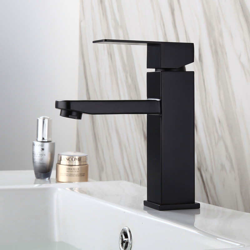 Black Square Deck Mounted Basin Sink Faucet Hot & Cold Mixer Bathroom Tap Single Handle